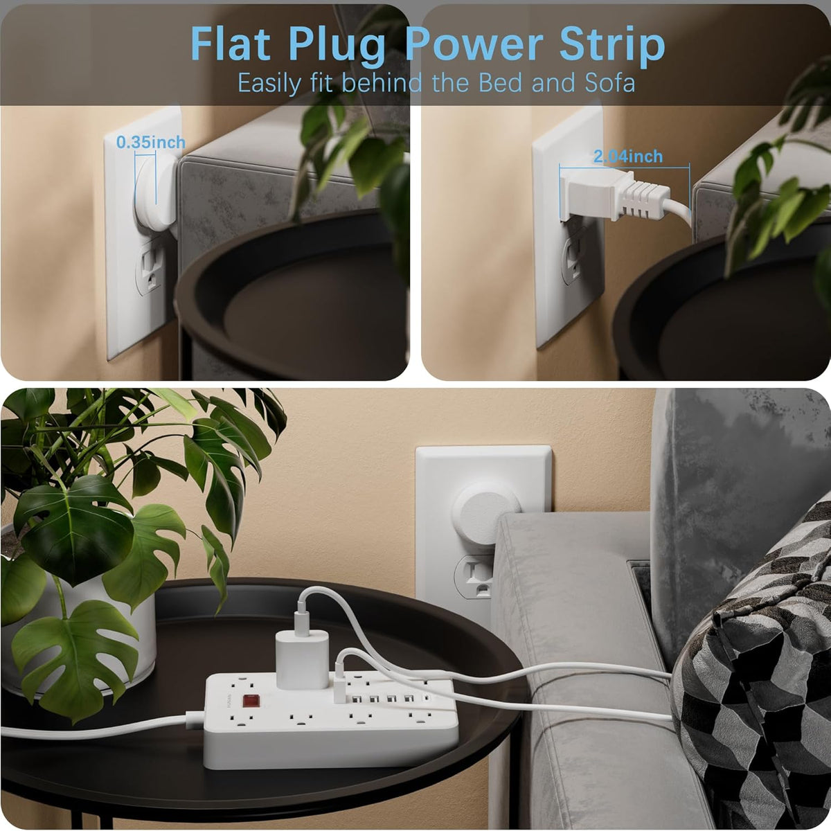 Power Strip with USB, Flat Plug Extension Cord Surge Protector 5 Ft, HUNIAN Power Strip with 8 Widely Spaced Outlets 6 USB Charger (1 USB C Port), Desk Charging Station for Home Office, White