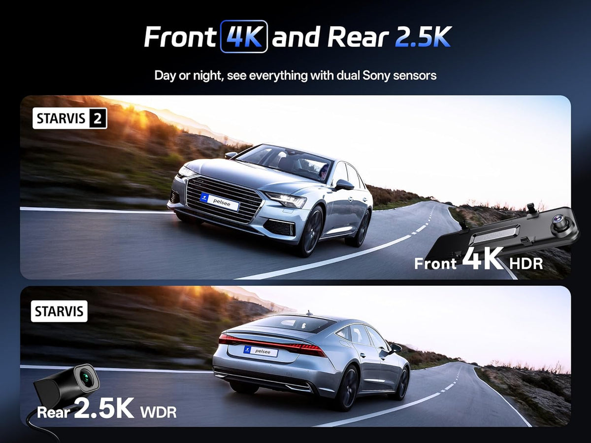 Pelsee 4K+2.5K Mirror Dash Cam with Front Starvis 2 IMX678 & Rear IMX335, 12" Rear View Mirror Camera, Color Night Vision, 5.8GHz WiFi, ADAS & BSD, Included OBD Hardwire Kit, 128GB Card, P12 Pro Max