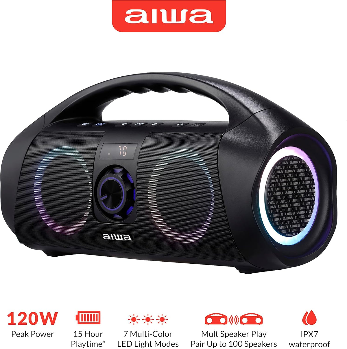 AIWA Portable Boombox - Waterproof Bluetooth Speaker, Rechargeable Wireless Boombox with Multi Color LED Lighting and Digital Display, AUX Input and Carry Handle, 15 Hour Playtime