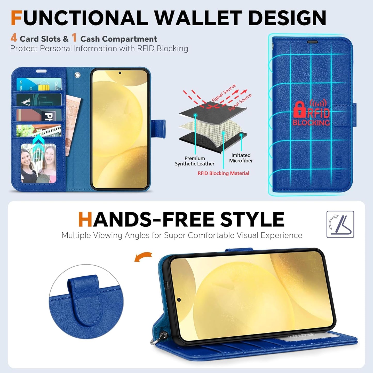 TUCCH Case Wallet for Galaxy S25 Plus, Removable [2 in 1] [Wireless Charging] Wrist Strap PU Leather Magnetic Stand RFID Blocking [4 Card Slots] Detachable Folio for Galaxy S25 Plus 6.7", Klein Blue