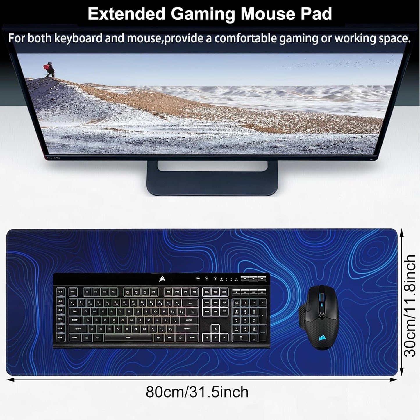 Abstract Topography Design Desk Mat,Large Dark Blue Topographic Line Art Gaming Keyboard Mouse Pad,Non-Slip Rubber Base Desk Pad Thick Stitched Edges Waterproof Mousepad Mouse Mat 31.5"x11.8"