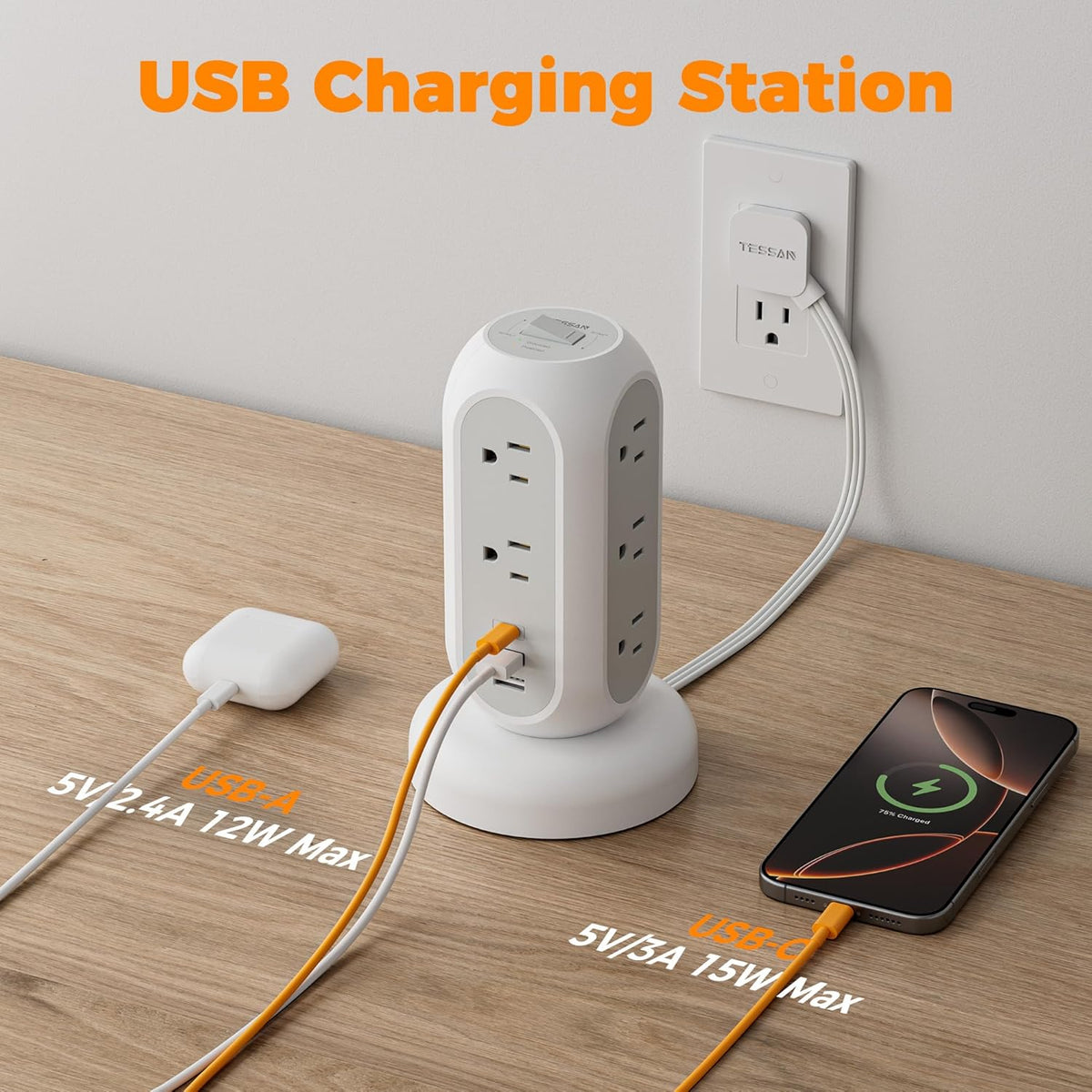 Surge Protector Power Strip Tower, TESSAN 5 FT Retractable Extension Cord with Multiple Outlets, 11 Outlets with 3 USB (1 USB C) Charging Station, 1050J, Office Desk Supplies, Dorm Essentials