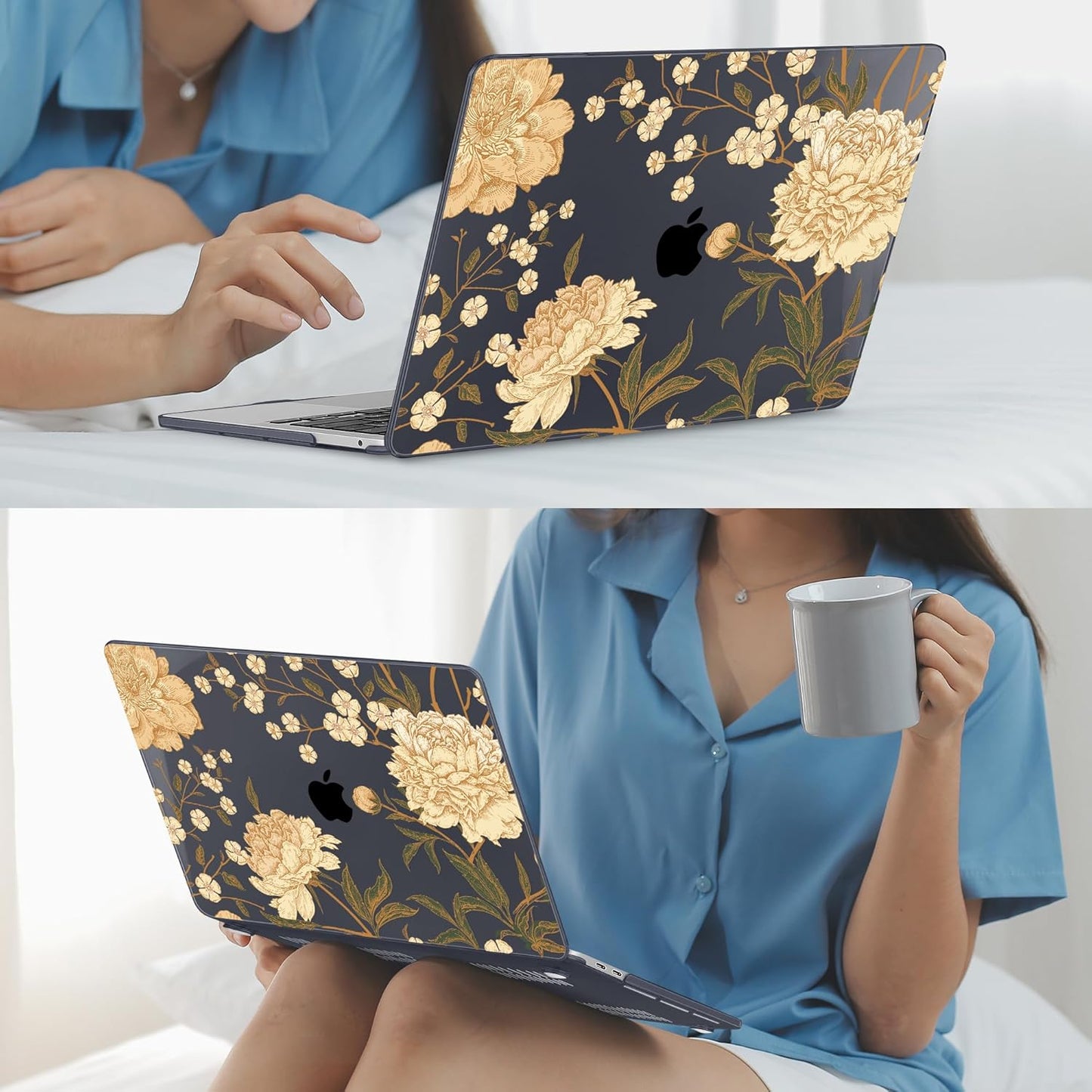Mektron for MacBook Air 13 Case A1466/A1369 (2010-2017 Release), Snap-on Plastic Hard Shell Cover for MacBook Air 13.3 inch with Keyboard Cover, Peony Flowers C186