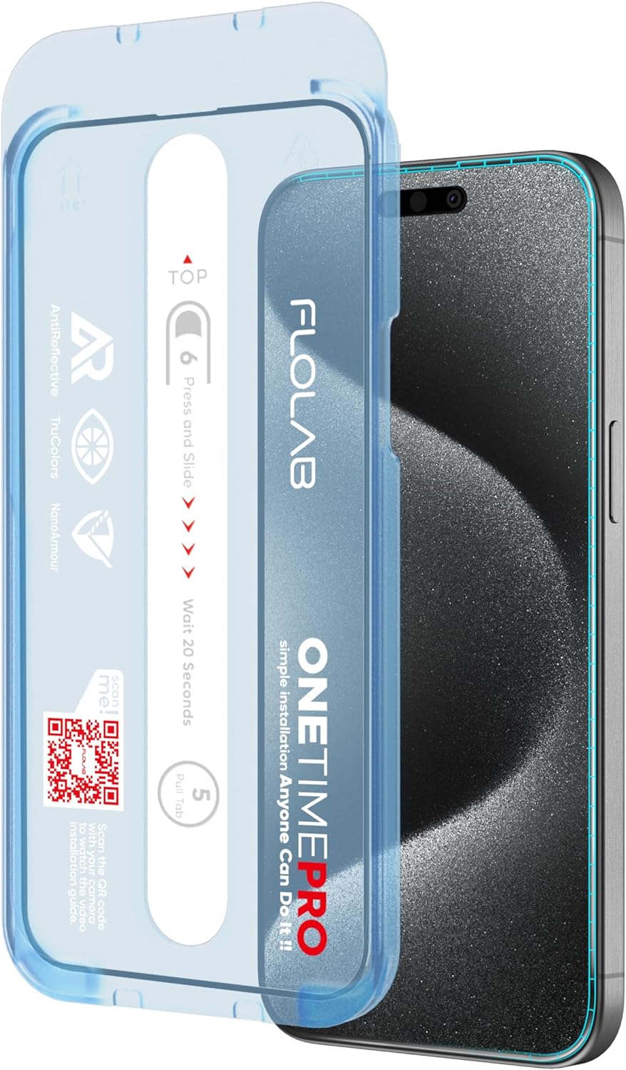 FLOLAB NanoArmour ONETIME PRO for iPhone 15 Screen Protector, Anti-Reflective, Anti-Rainbow, 3D Tempered Glass, Ultra Clear, Edge Reinforced, Easy Install, Dust-Free, Scratch Resistant