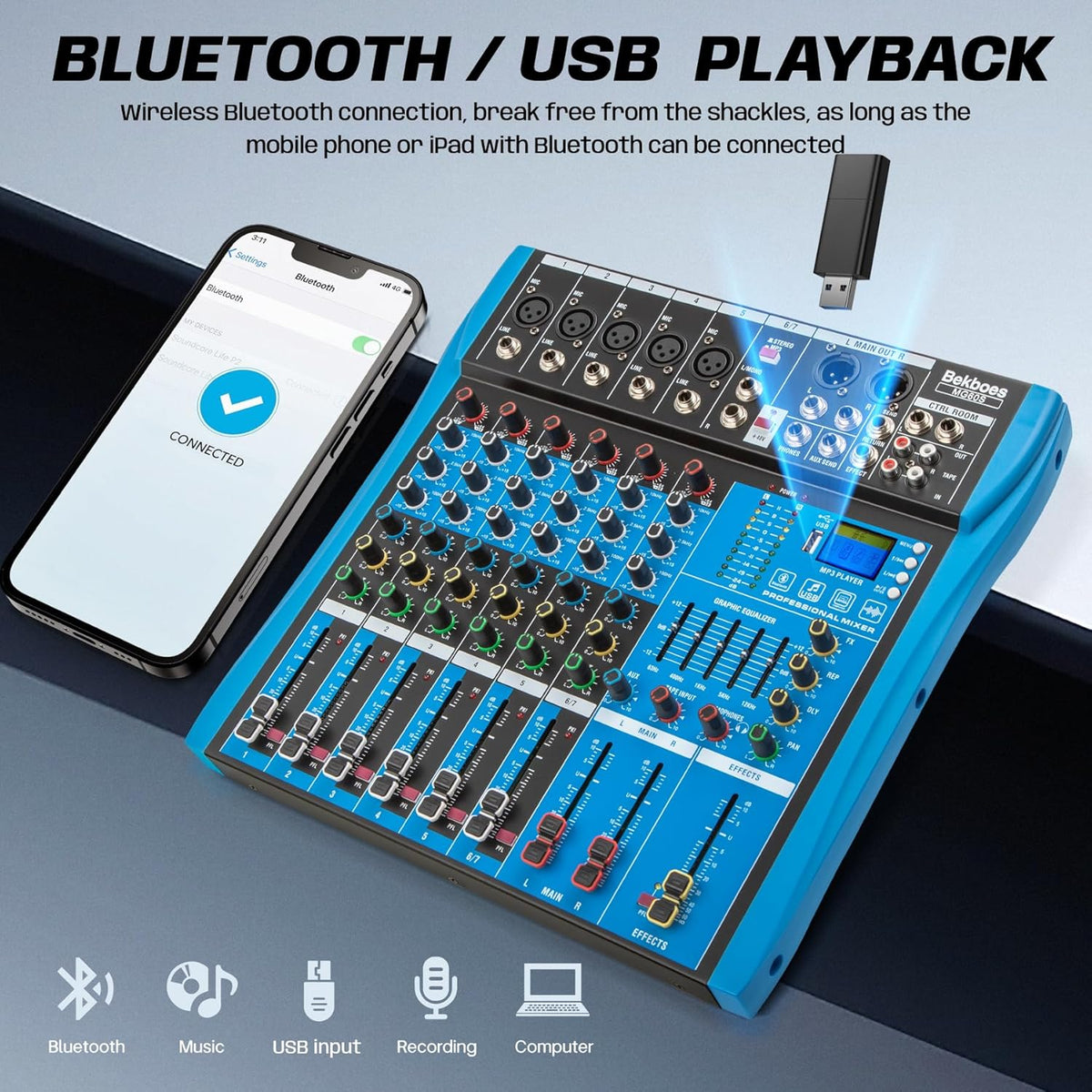 Professional Audio Mixer, 6 Channel, Input 48V Phantom Power Stereo Digital USB Bluetooth MP3 Computer Input, Build-in 16 Effect DSP, for Recording, Live Streaming, Podcasting MG60S