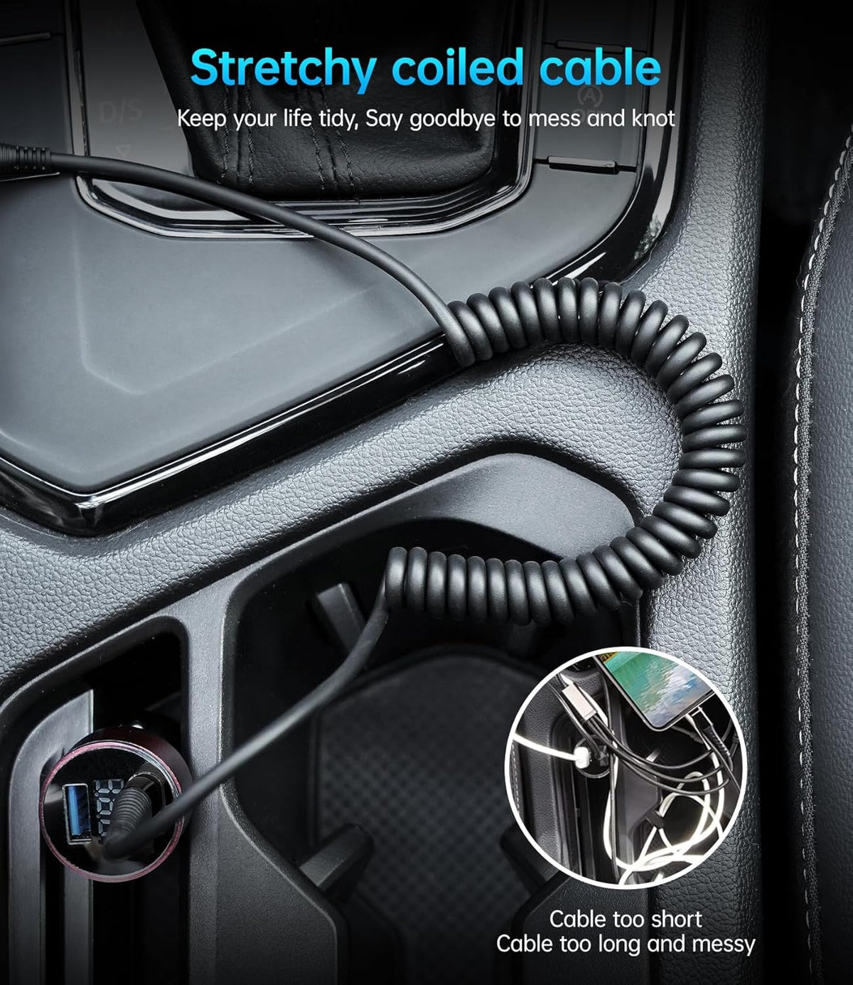 Coiled USB C to C Cable 100W 3FT for Car, Coiled USB C Cable for iPhone 16, Short USB Type C Fast Charging Cable for iPhone 15/Pro Max/Plus/Samsung Galaxy S23, Compatible All Type C Devices -Black