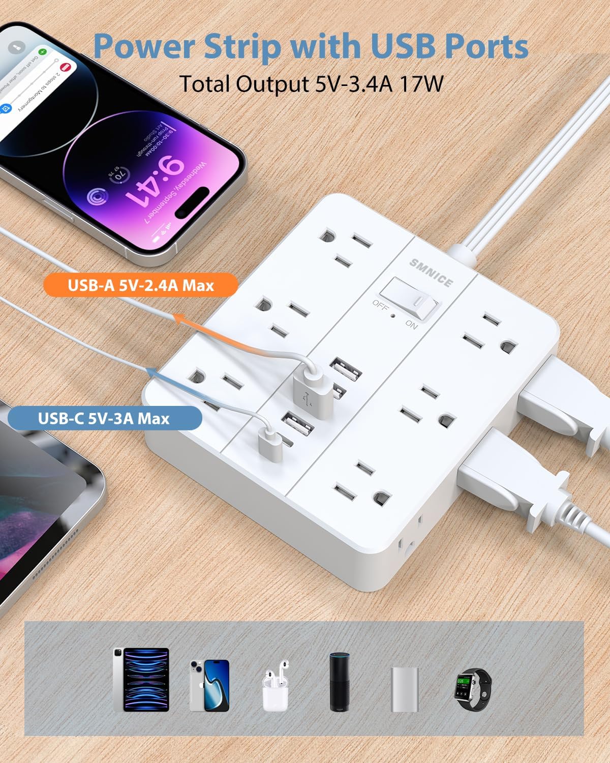 Power Strip Flat Plug with 12 Outlets 6 USB(2 USB C),SMNICE Surge Protector Charging Station with Overload Protection,5ft Extension Cord Widely Spaced Multiple Outlets for Home Office Dorm Essentials