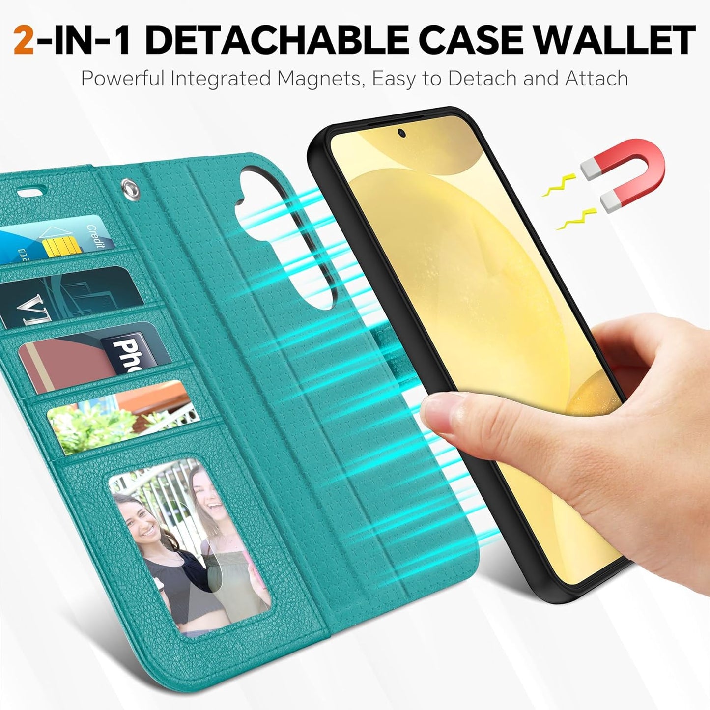 TUCCH Case for Galaxy S25, Detachable Wallet Case with [Wireless Charging] RFID Blocking 4 Card Holder, Wrist Strap Removable Stand PU Leather Flip Shockproof Phone Cover for Galaxy S25 6.2", Cyan