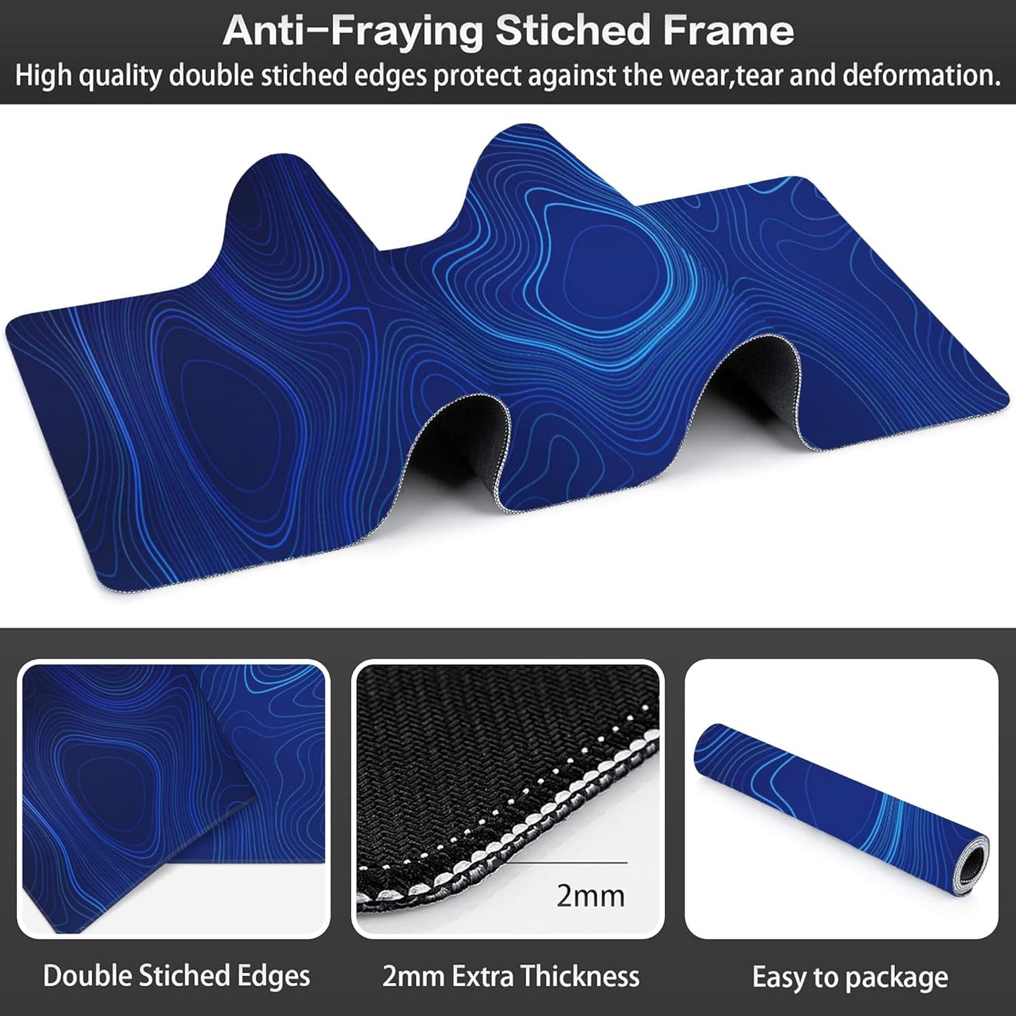 Abstract Topography Design Desk Mat,Large Dark Blue Topographic Line Art Gaming Keyboard Mouse Pad,Non-Slip Rubber Base Desk Pad Thick Stitched Edges Waterproof Mousepad Mouse Mat 31.5"x11.8"