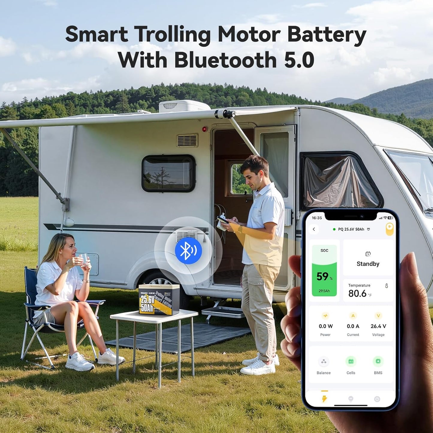 Power Queen 24V50Ah LiFePO4 Battery with Bluetooth 5.0 Remote Control, Low-temperature Protection, 1280Wh Energy, Deep Cycle Lithiumn Battery for 24V Trolling Motor Up To 100 lbs