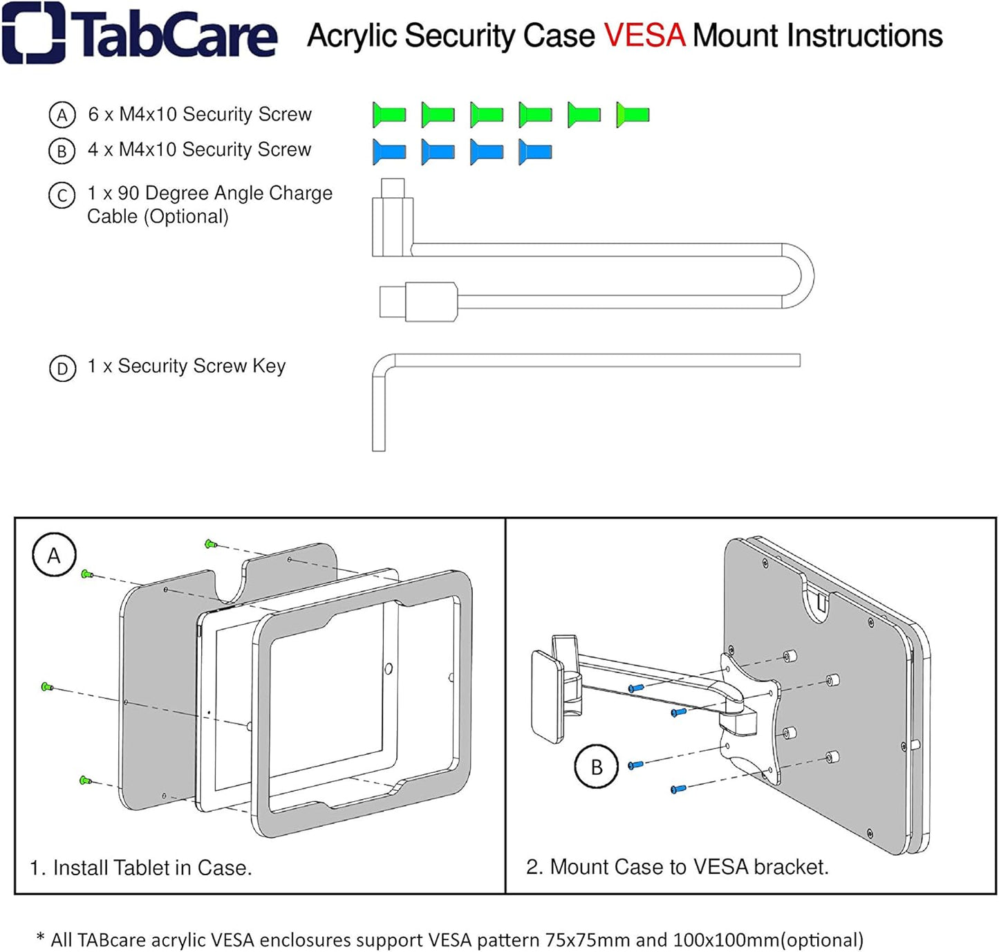 TABcare Anti-Theft Acrylic VESA Enclosure for Apple iPad 7/8/9 10.2" with Free Wall Mount Kit & 90-Degree Angle Charge Cable (iPad 7/8/9 10.2", Clear)