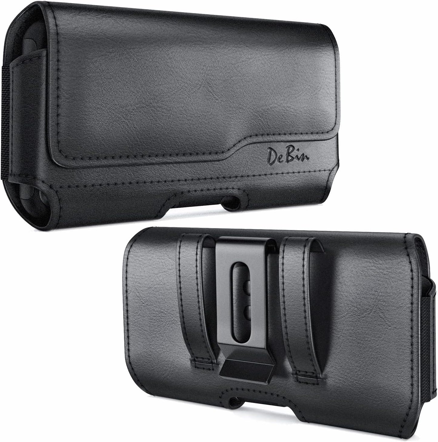 DeBin Holster for Large iPhone Plus, Pro Max Models 16 15 14 13 12 11 Xs Max – Leather Cell Phone Belt Holder Case with Clip, Carrying Pouch Cover Fits Phone with Case on, Black