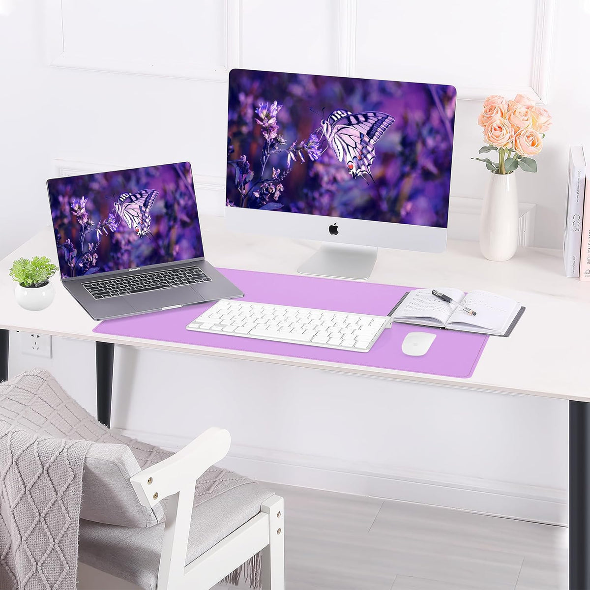 Leather Desk pad Protector, Large Desk mat with Natural Cork & PU Leather,Mouse pad,Non-Slip Office Desk Mat,Waterproof Desk Writing Pad for Office and Home (35in*17in, Purple)