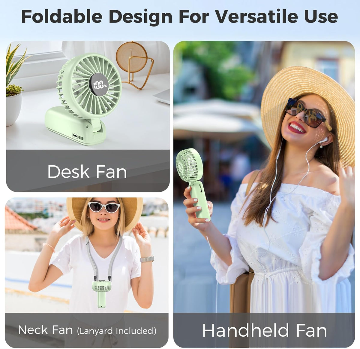 Portable Handheld Fan, 5000mAh Rechargeable Battery, Max 15H Cooling, 4 Speeds, LED Display, Foldable Design, 3-IN-1 Personal Pocket Fan with lanyard for Travel Outdoors Makeup Concert Commute