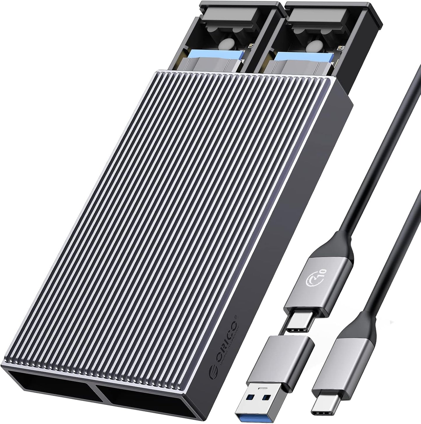 ORICO Dual M.2 NVMe SATA SSD Enclosure, USB C to M2 Adapter for M Key PCIe & B+M Key 2230/2242/2260/2280 SSDs,Tool-Free Installation Aluminum SSDs Reader Support Trim and UASP up to 2x4TB-BM2-2SN