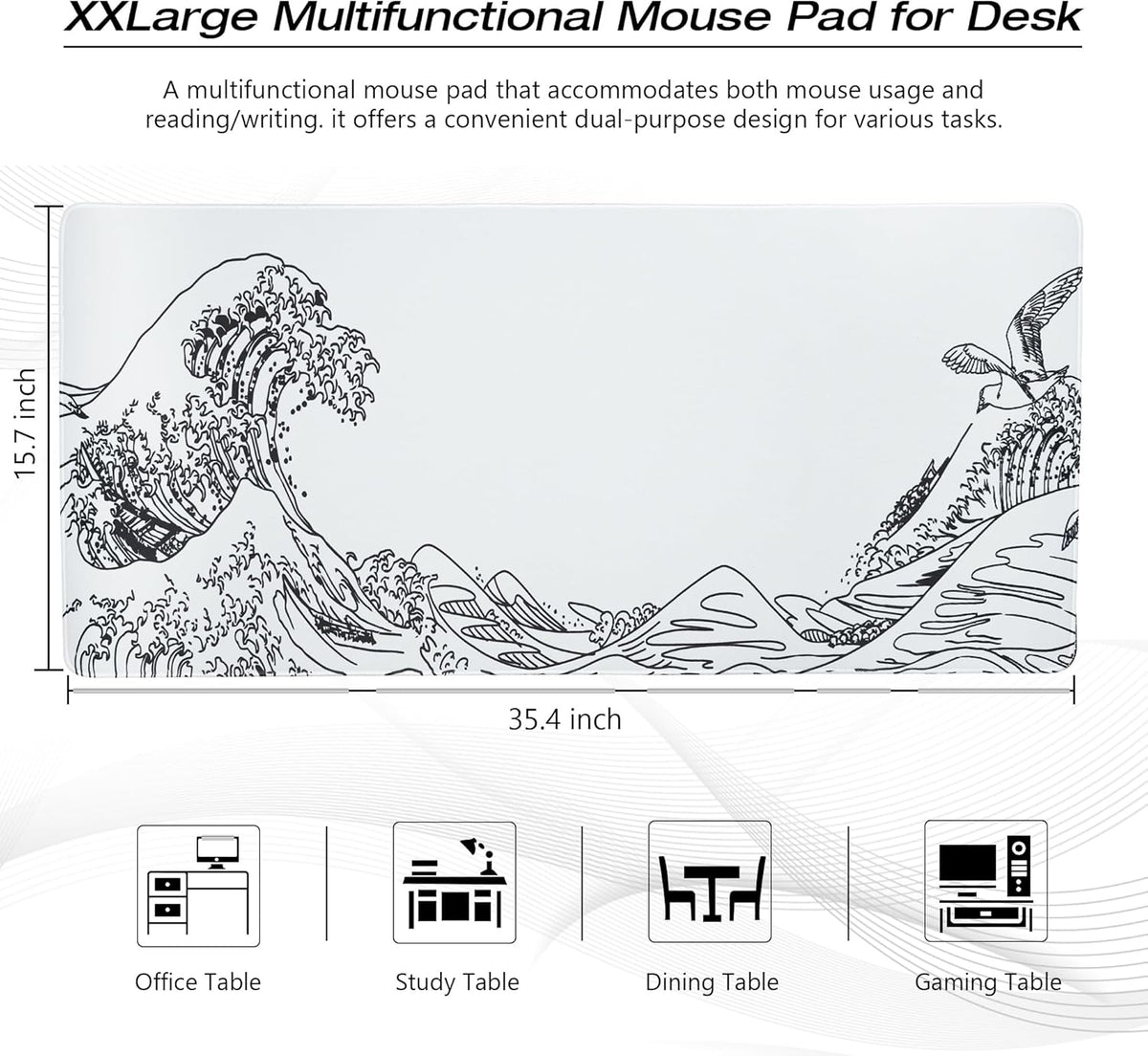 Large Gaming Mouse Pad for Desk,Kanagawa XXL Mouse Pad 35.4x15.7 Inch,Waterproof Desk Pad,Non-Slip Rubber Base Mice Pad,Keyboard Pad Computer Mat,White Mouse pad