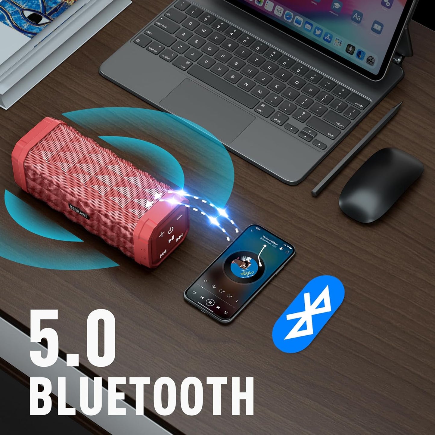 BUGANI Bluetooth Speaker Portable Wireless Speaker, 100ft Wireless Range, Louder Volume, Stereo Sound, Amazing Bass 24H Playtime, IPX5, Built-in Mic, Waterproof Speaker for Home, Outdoor, Red