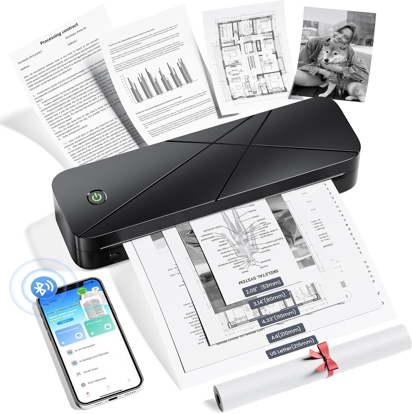 Portable Printers Wireless for Travel, Inkless Printer for Phone & Laptop, Thermal Bluetooth Small Compact Mobile Printer for Home Use, Support 8.5" X 11" US Letter & A4 Size