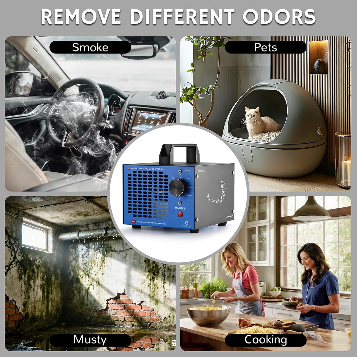 Airthereal MA5K Ozone Generator for Home, Ozone Air Ionizer Odor Eliminator with 120-Min Timer, Lightweight Design, Odor Removal for Car, Smoke, Pets, Basements, Covers Up to 2,000 Sq. Ft., Blue