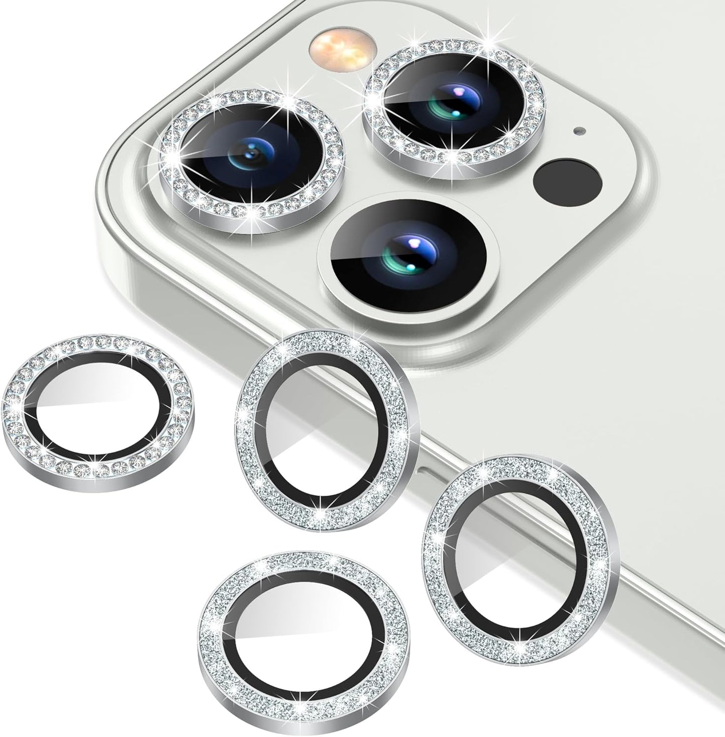 AGVEE 3+3 6 Pack for iPhone 13 Pro/Pro Max, Bling Diamond & Glitter Metal Ring 9H Tempered HD Glass Camera Cover Protector Film