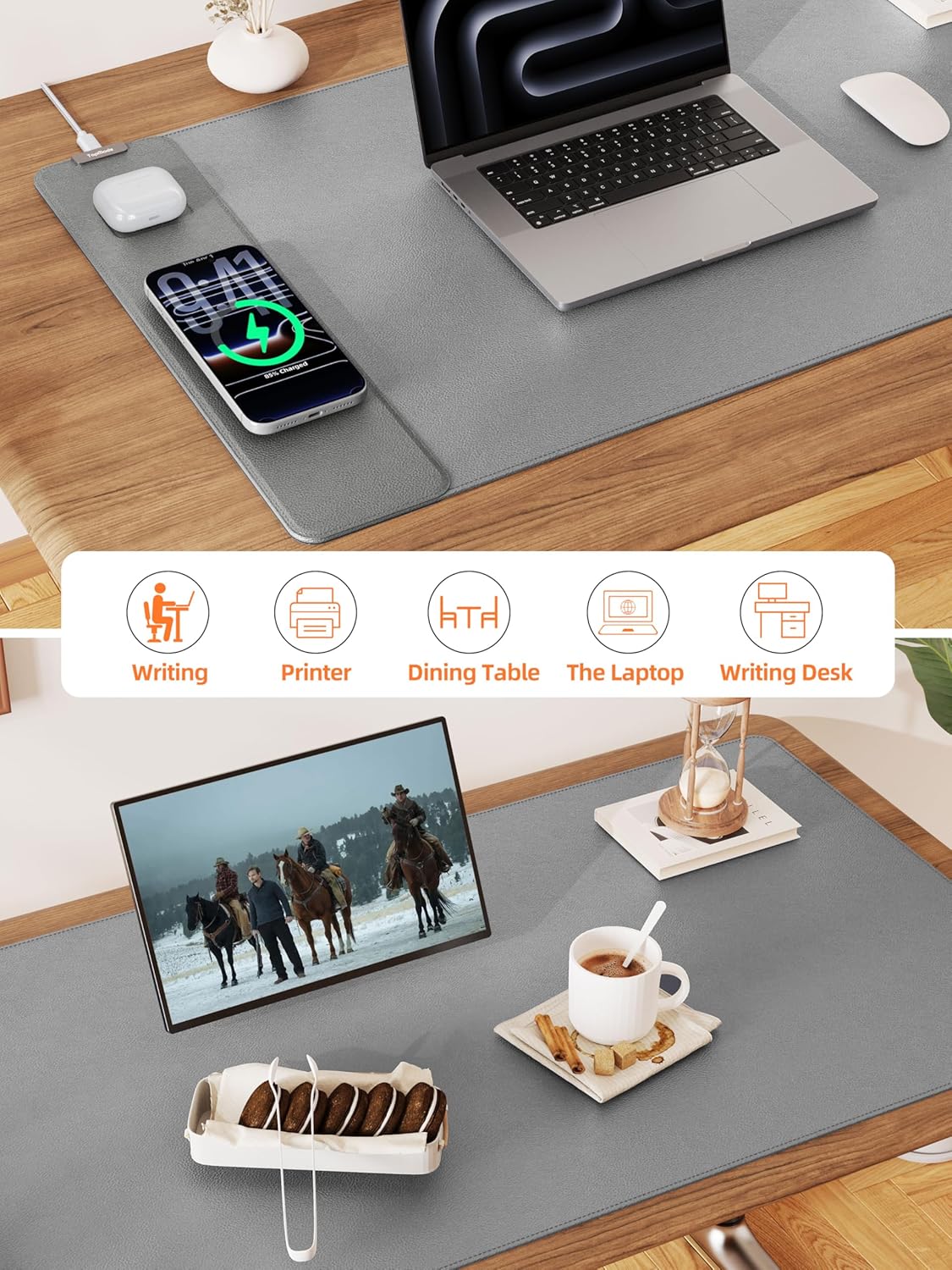 TopMade Mouse Pad with 15W Wireless Charging, XXL Large Leather Desk Mat, Waterproof Gaming Mousepad Home Office Desk Pad Protector, Computer Keyboard Pad, Mouse Mat for for MacBook, PC, Laptop, Gray
