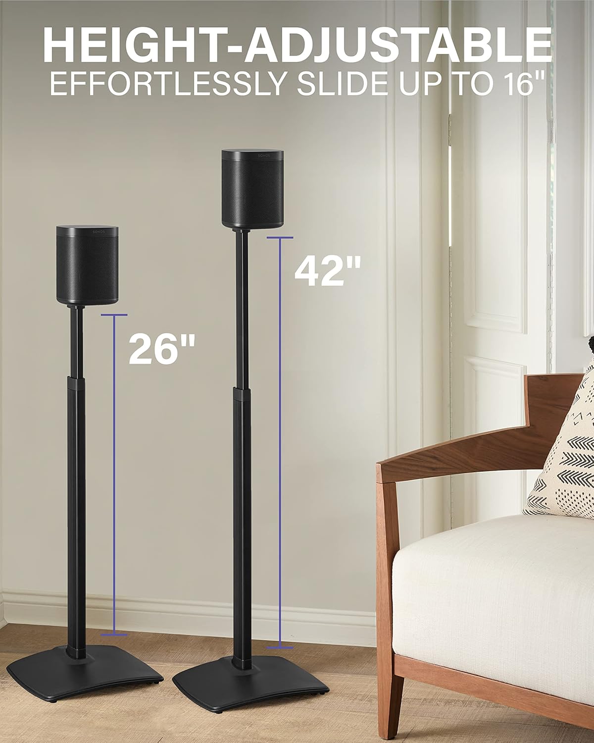 SANUS Adjustable Height Wireless Speaker Stands Designed for Sonos One, One SL, and Play:1 - Tool-Free Adjustment up to 16" and Built-in Cable Management (Black)