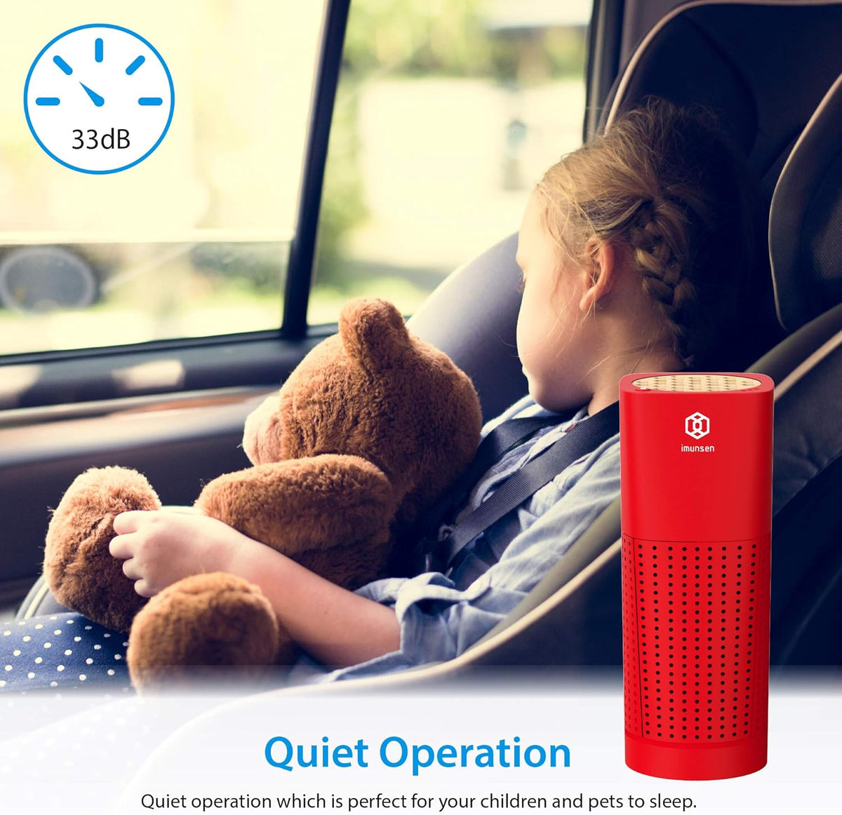 IMUNSEN M-003R True HEPA 13 Filter Air Purifier for Car, Desk, and Office with Carbon Deodorization Filter, 4-Stage Filtration, Smoke, Odors, Allergens, USB Port 5V, Made in Korea - Red