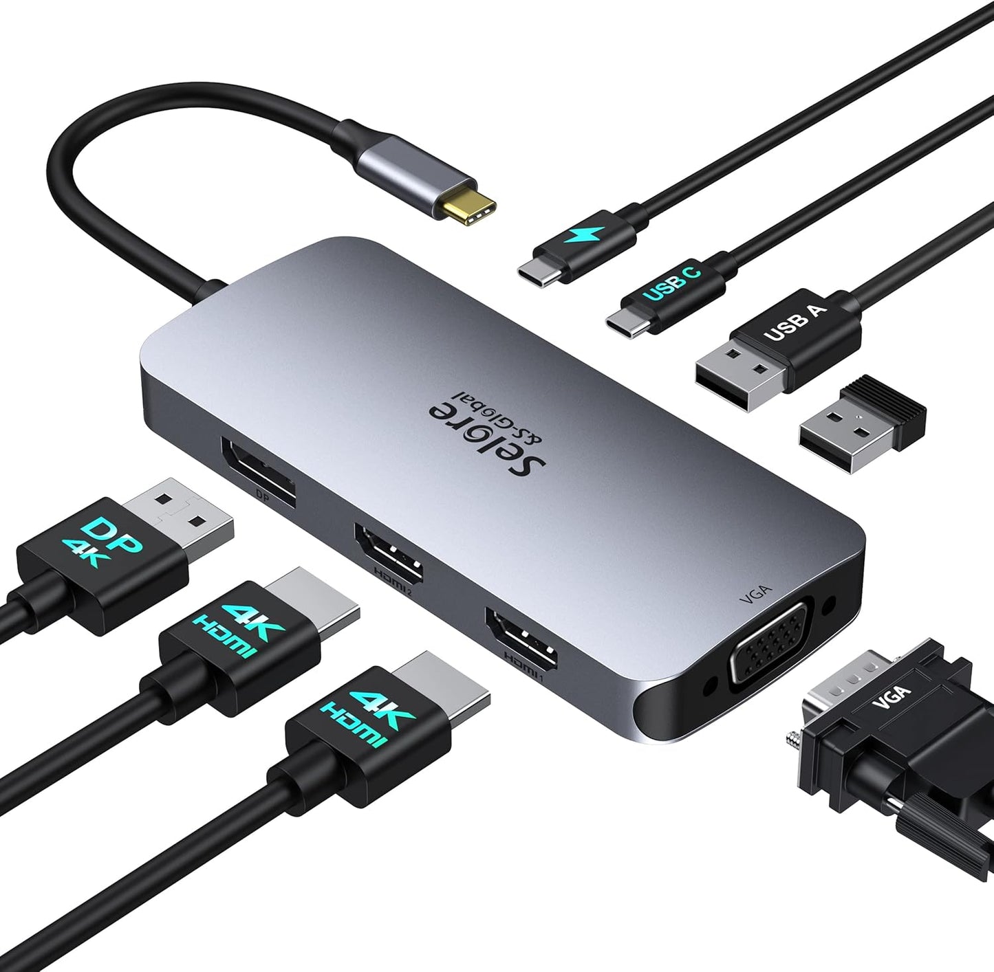 USB C Docking Station Dual HDMI Monitor Adapter, Selore USB C Hub 3 Monitors with Dual HDMI, Displayport, VGA, 100W PD Charging, 3USB 2.0 Ports Adapter for Dell XPS, HP, Lenovo, etc