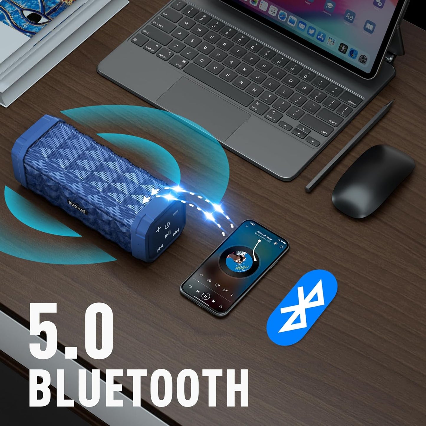 BUGANI Bluetooth Speakers Portable Bluetooth Speaker, 100ft Wireless Range, Louder Volume, Stereo Sound, Amazing Bass 24H Playtime, IPX5, Built-in Mic, Wireless Speaker for Ourdoor Indoor(Blue)