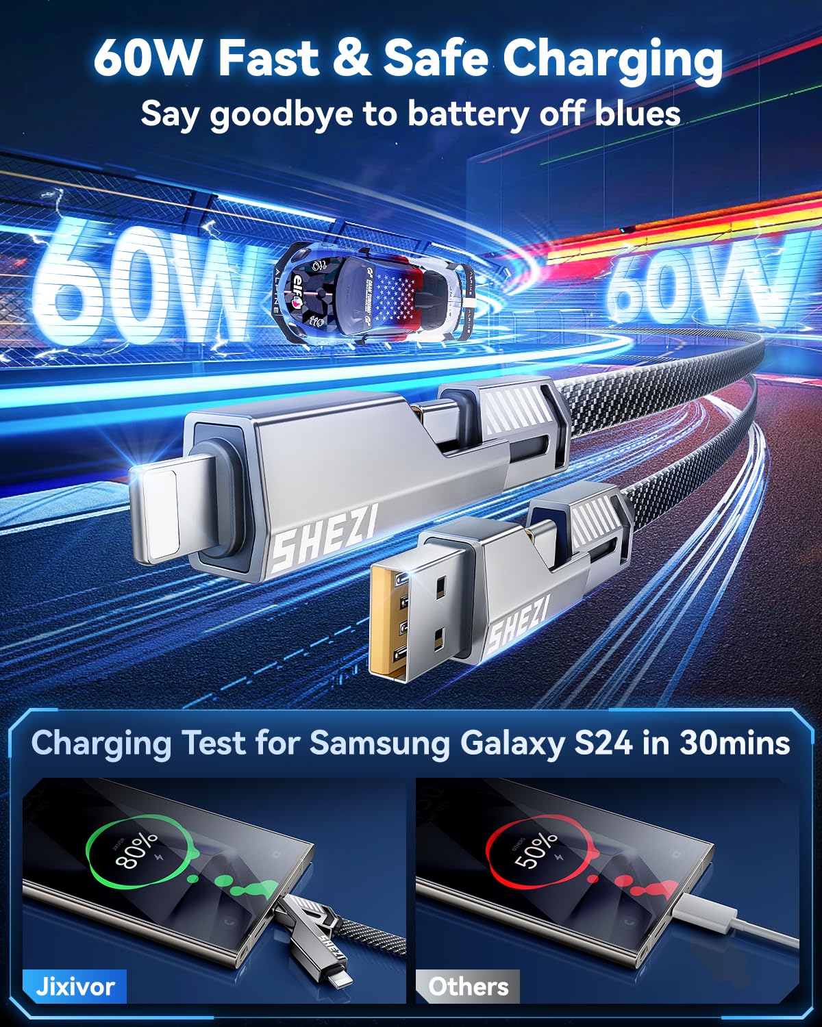 [One is Enough] 4-in-1 Compatible with USB C to Lightning Cable, 60W High-Speed Charging & Fast Data Transfer,CarPlay & Android Auto Support Multi Charger Cord Combo for iPhone/Samsung/iPad,10FT
