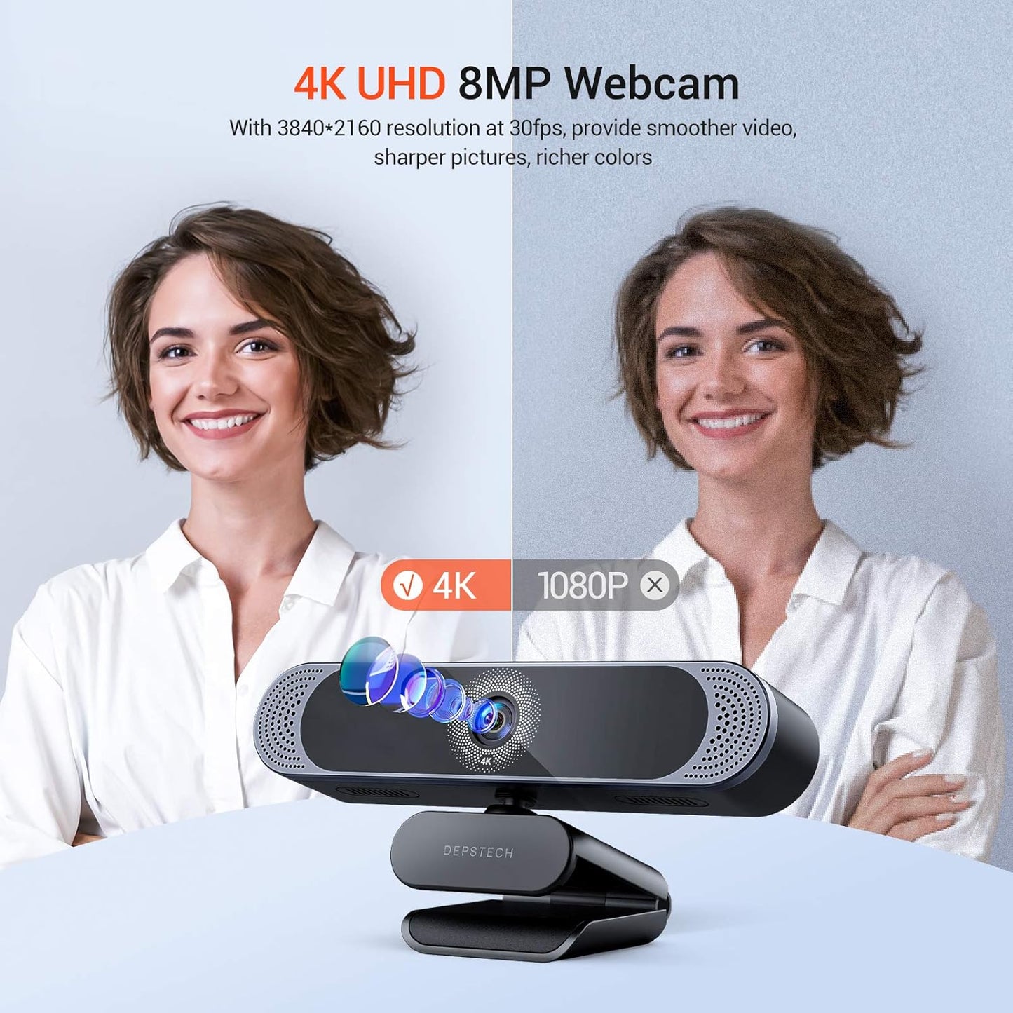 DEPSTECH 4K Webcam, DW49 HD 8MP Equipped with Sony Sensor Autofocus Webcam with Microphone, Privacy Cover, Plug Play USB Computer Web Camera for Pro Streaming/Online Teaching/Video Calling/Zoom/Skype