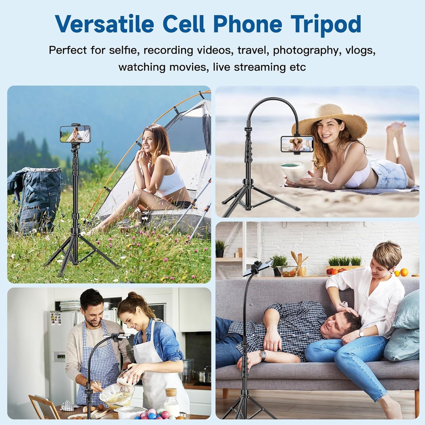 Phone Tripod Stand, 85" Tall Cellphone Tripod for iPhone with Gooseneck Remote, Flexible Portable Phone Stand for Recording, Compatible with iPhone 14 13 12 pro Android Camera