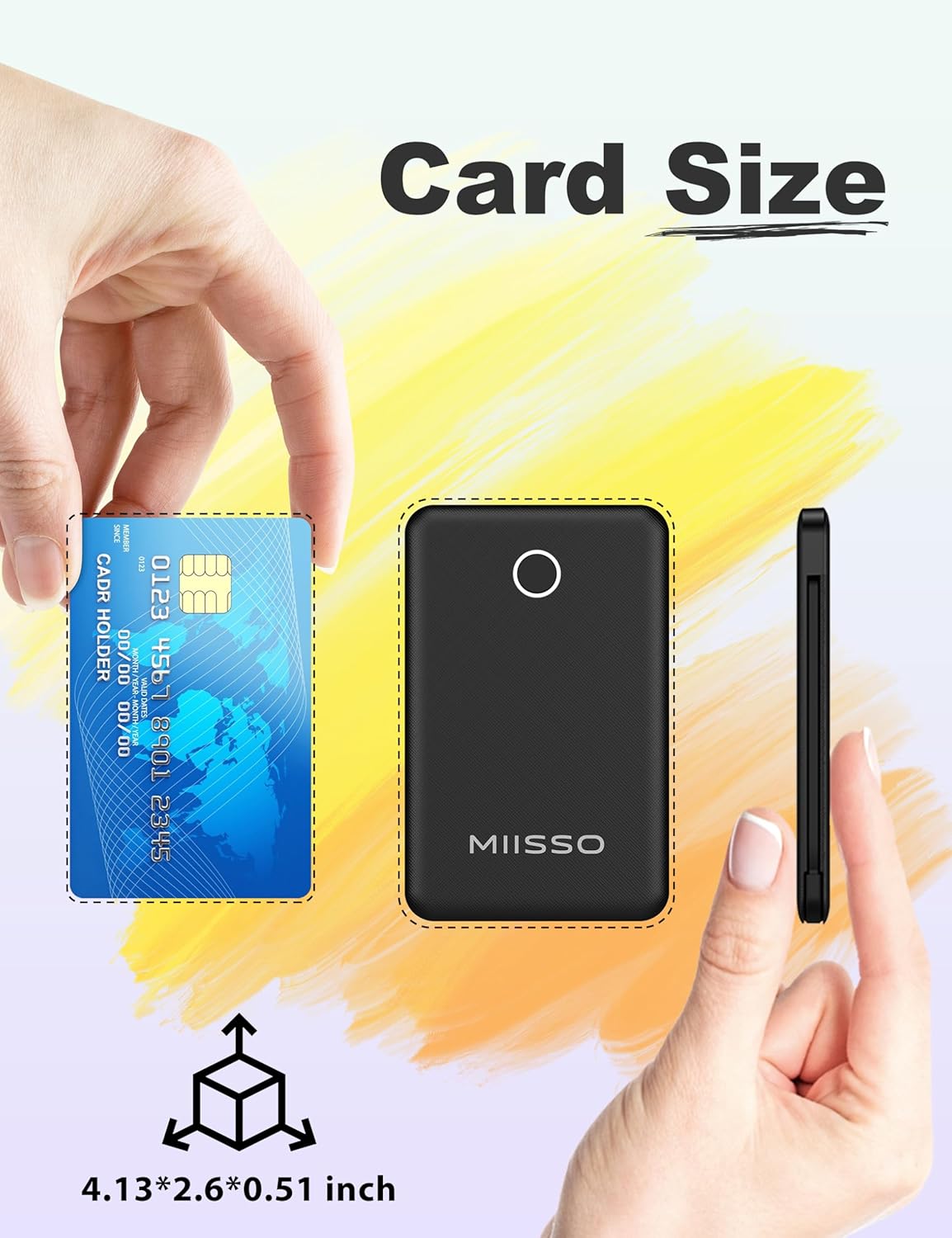 6000mah Ultra Slim Built in Cables Power Bank, Card Size Built in USB C Cords Battery Pack Portable Charger for Phones, 3 Output External Battery Pack Compatible with iPhone, Samsung, Deep Black