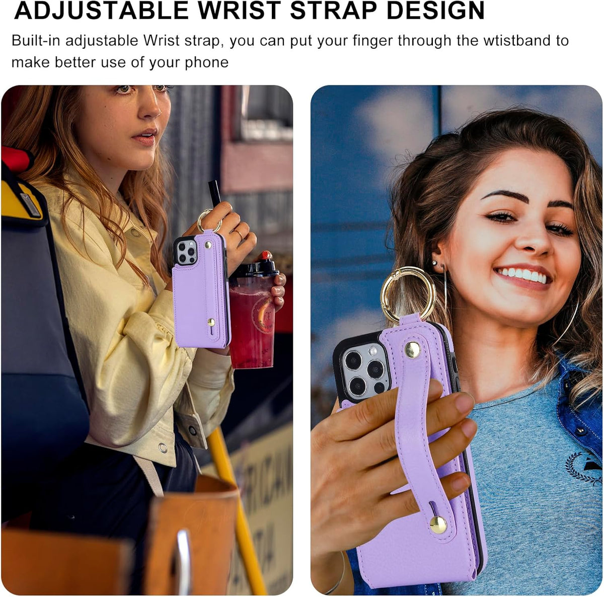 Folosu for iPhone 12/12 Pro Wallet Case with Card Holder, Hand Wrist Strap Loop Holder Kickstand, RFID Blocking Finger Grip Ring PU Leather Double Buttons Shockproof Cover 6.1" Purple
