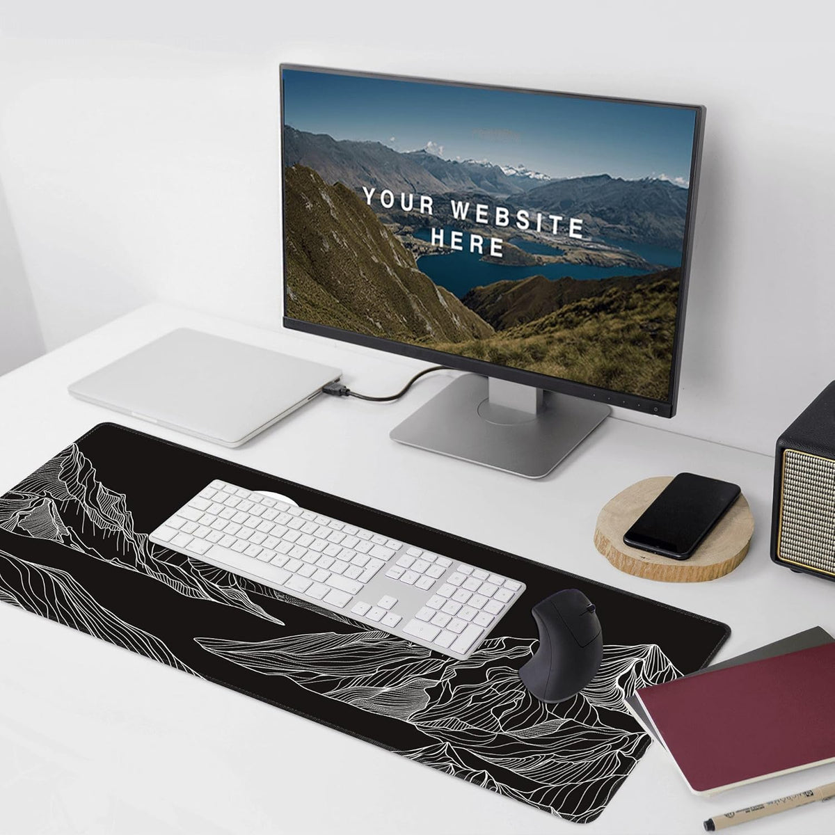 Black and White Mountain Large Mouse Pad,Gaming Keyboard Desk Pad,Extended Mouse Mat Non-Slip Rubber Base with Stitched Edges for Office Game Home XXL 35.4"x15.7"