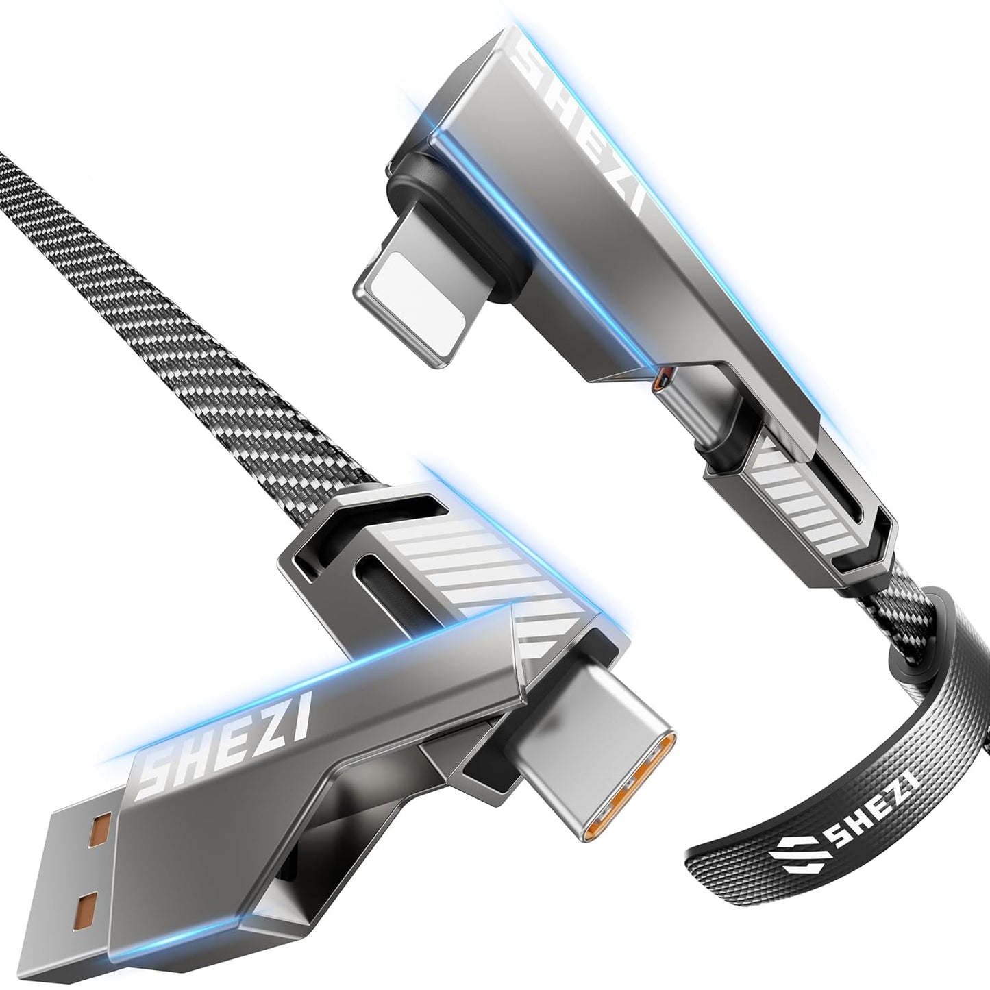 SHEZI 4-in-1 USB C Cable 45W 5FT 90 Degree L Cable, [Fast Charging & 480Mbps Data Transfer] Flat Nylon Braided Charger Cord Combo, USB A/C to C/L Multi Charge Cable for iPhone/iPad & Most Devices
