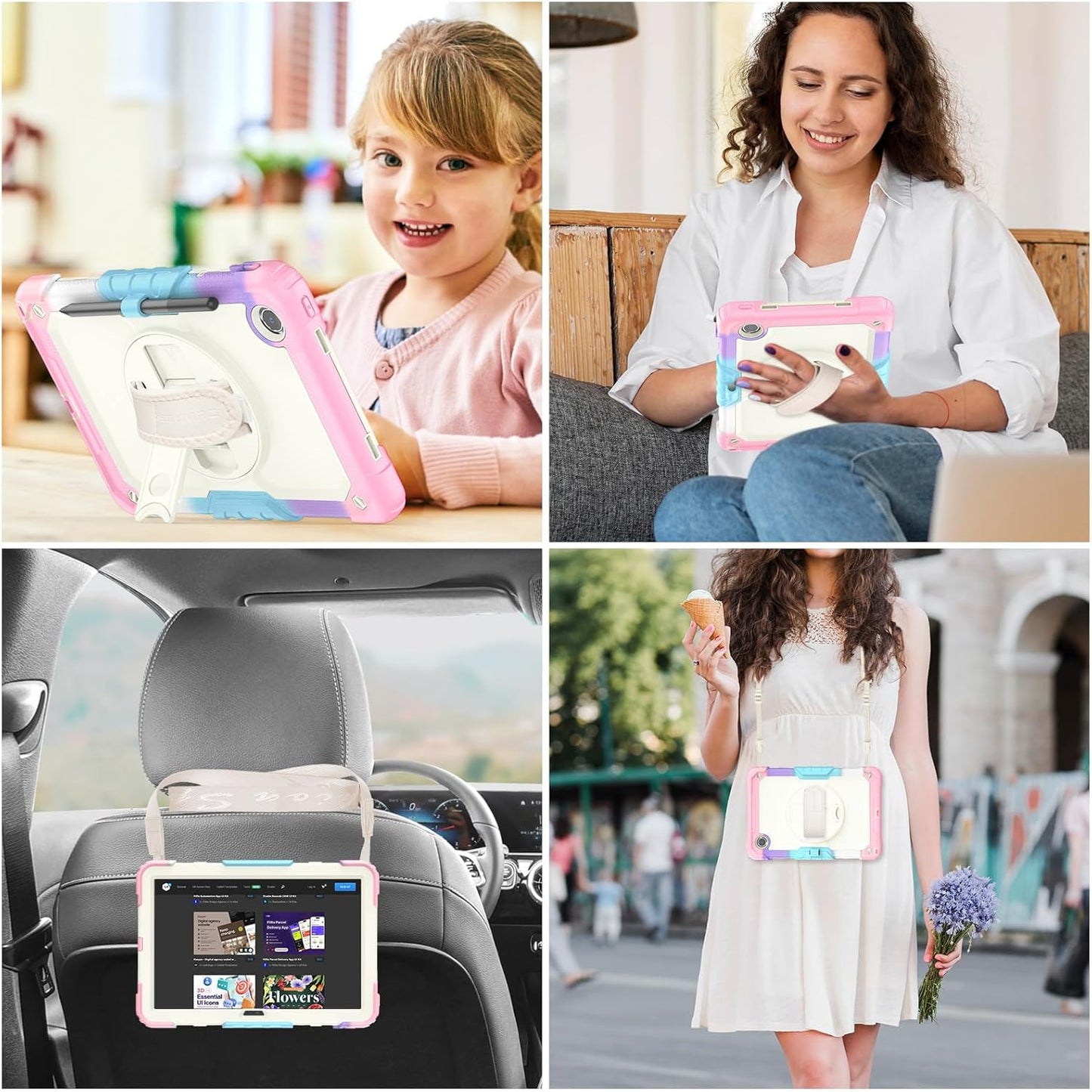 SEYMAC stock Tablet Case for Lenovo Tab M11 (TB-330FU/TB-330XU) 11 inch Drop-Proof Protection Cover with 360° Rotate Stand & Strap [Pen Holder] & Screen Protector/K11/Xiaoxin Pad 2024, Beige+Pink
