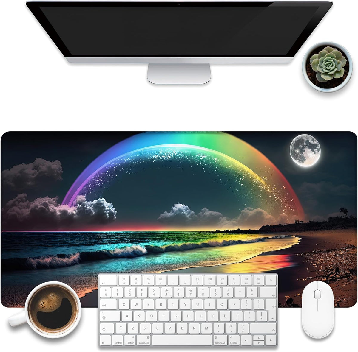 Desk Mat, Rainbow and Full Moon Desk Pad, Beach at Night Large Gaming Mouse Pad for Desk, 31.5"x15.7" Extended Big Computer Keyboard Mouse Pad with Non-Slip Base and Stitched Edge