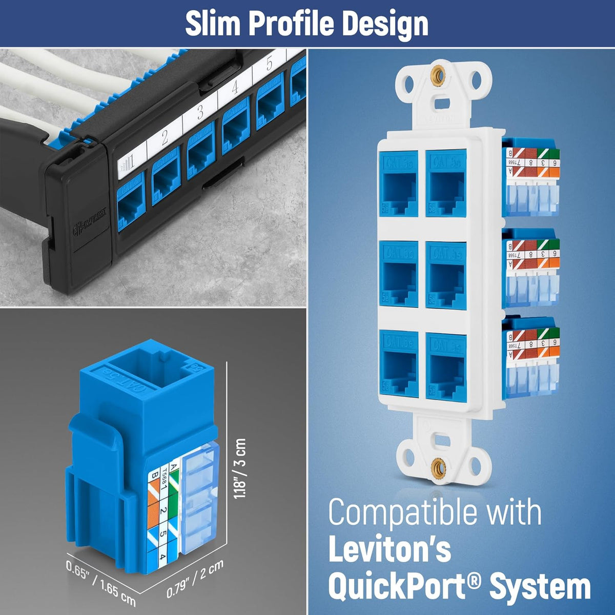 Everest 90° Angled RJ45 Cat5e Keystone Jacks 20-Pack in Blue - Slim Profile Female RJ45 Connectors - Cat 5e Keystone Jack - Compatible with 90° Angled Speed Termination Tool - easyJACK (B094WB91H3)