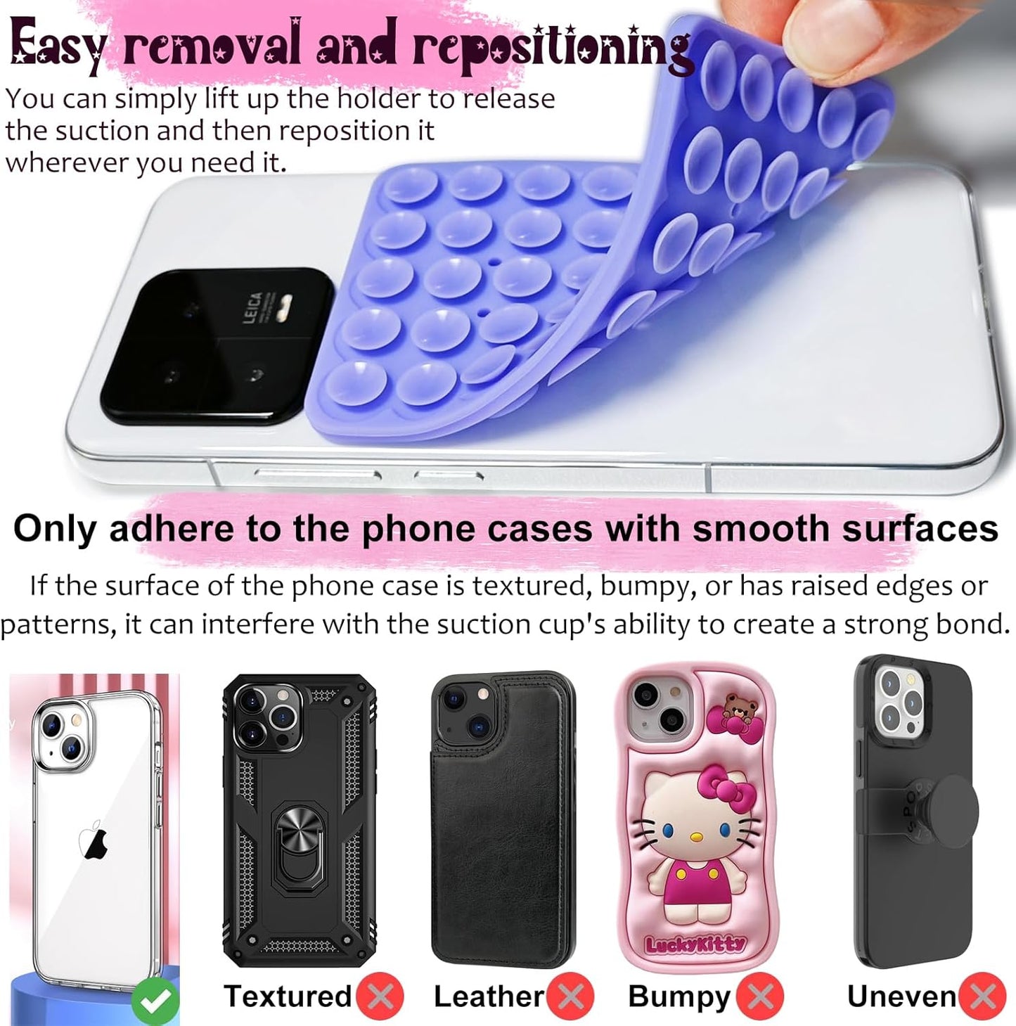 2 Pack Silicone Suction Cup Phone Case Mount Double Sided, Hands-Free Strong Grip Silicon Phone Holder, Non Slip Phone Accessories for Selfies and Videos (Black)