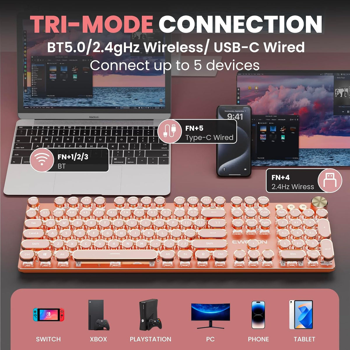 EWEADN V20 Typewriter Keyboard Wireless, 104 Keys Typewriter Style Mechanical with White Backlit, Media Knob, Pink Switch 2.4G/Bluetooth/USB-C Wired Retro Full Size Keyboard for Windows/Mac/PC-Pink