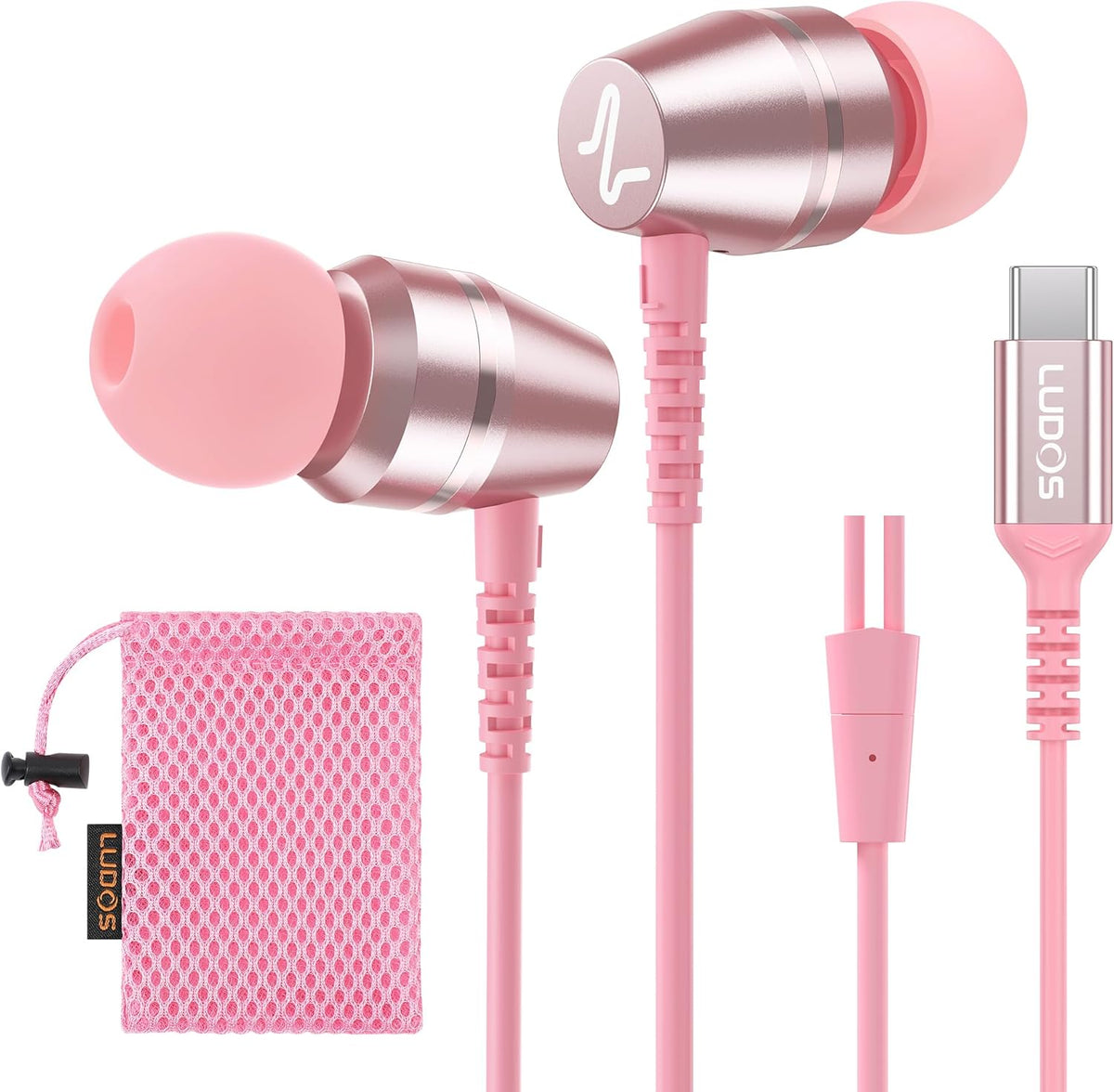 LUDOS OMNITONE USB C Headphones for iPhone 16 15 Pro Max Plus iPad Pro, 5 Years Warranty, USB-C Earbuds for Samsung Galaxy S24 S23 Ultra S22 S21 FE S20 A55 A54 A53, USB Type C Earphones - Pink