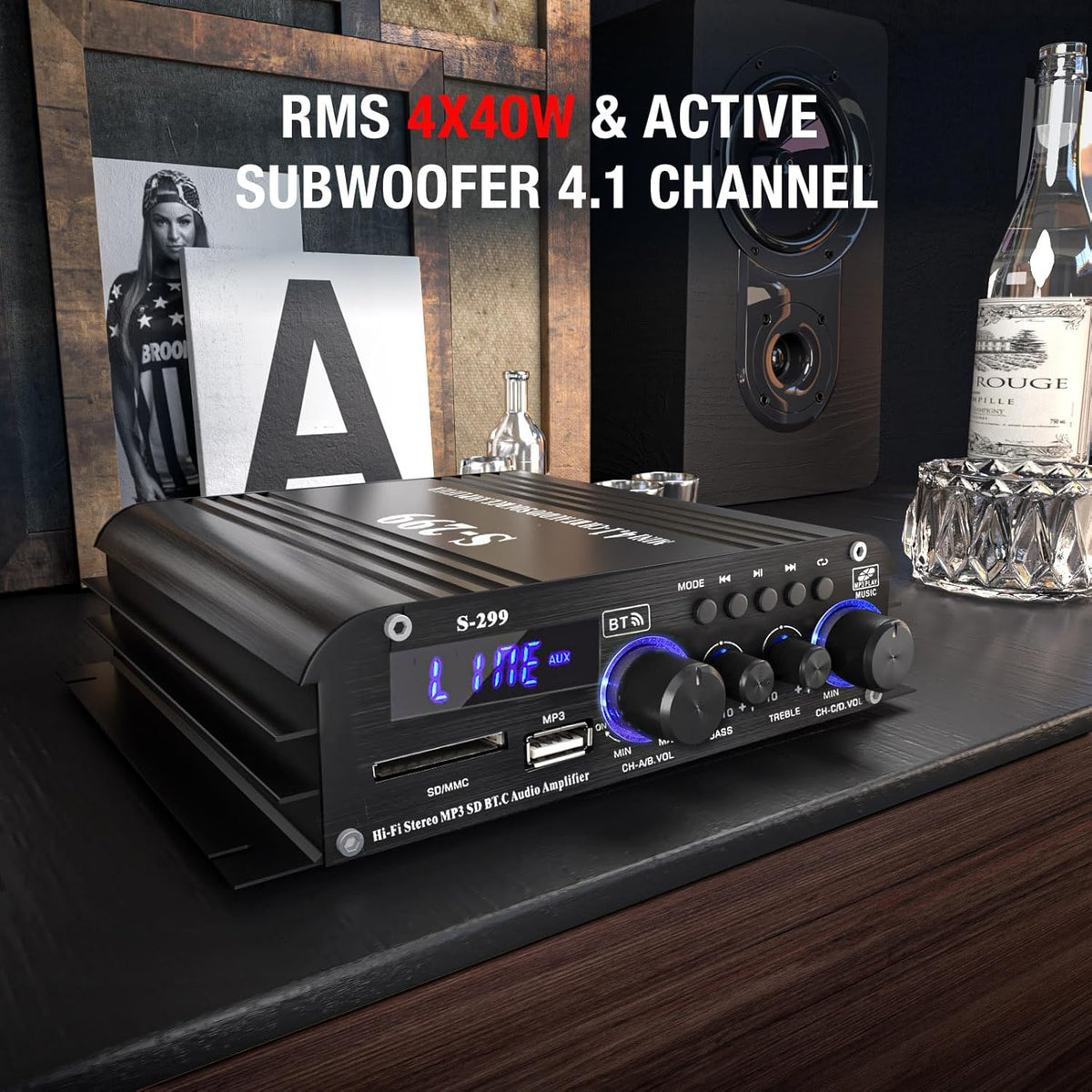 Facmogu S-299 4.1CH Bluetooth Power Amplifier with Active Subwoofer Output (NOT Passive Subwoofer), Max 800W RMS 40Wx4 Subwoofer Amplifier Hi-Fi Integrated Mini Speaker Amp Audio Sub Bass Amp