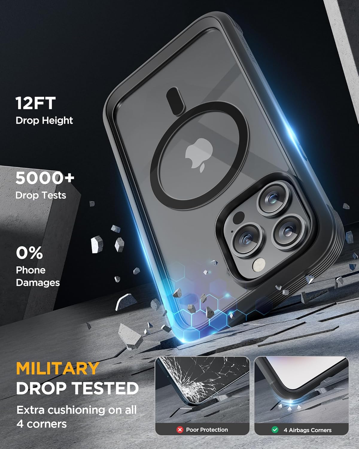 Miracase Magnetic for iPhone 15 Pro Case [Compatible with MagSafe] Full-Body Bumper Phone case with Built-in Glass Screen Protector& Camera Protector, Military Drop Proof 15 Pro Cover 6.1 inch, Black