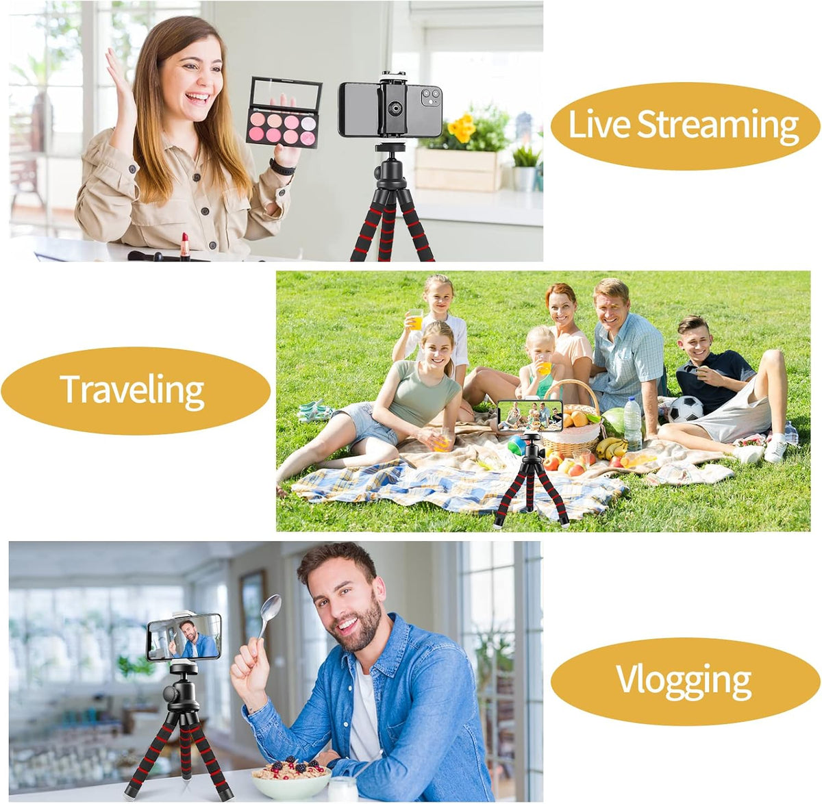 Sensyne Phone Tripod, Flexible Cell Phone Tripod with Phone Holder and Wireless Remote, Mini Travel Tripod Stand, Compatible with All Cell Phones, Cameras (Red)