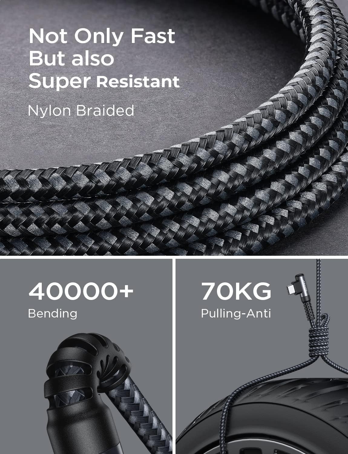 AINOPE USB to USB C Cable [2-Pack, 6.6ft] 3.1A Fast Charger Type C Right Angle, Resistant Nylon Braided C Type Charging Cable Compatible with Galaxy S10 S9 Plus S21, Note 10 9 LG, Type C Charger