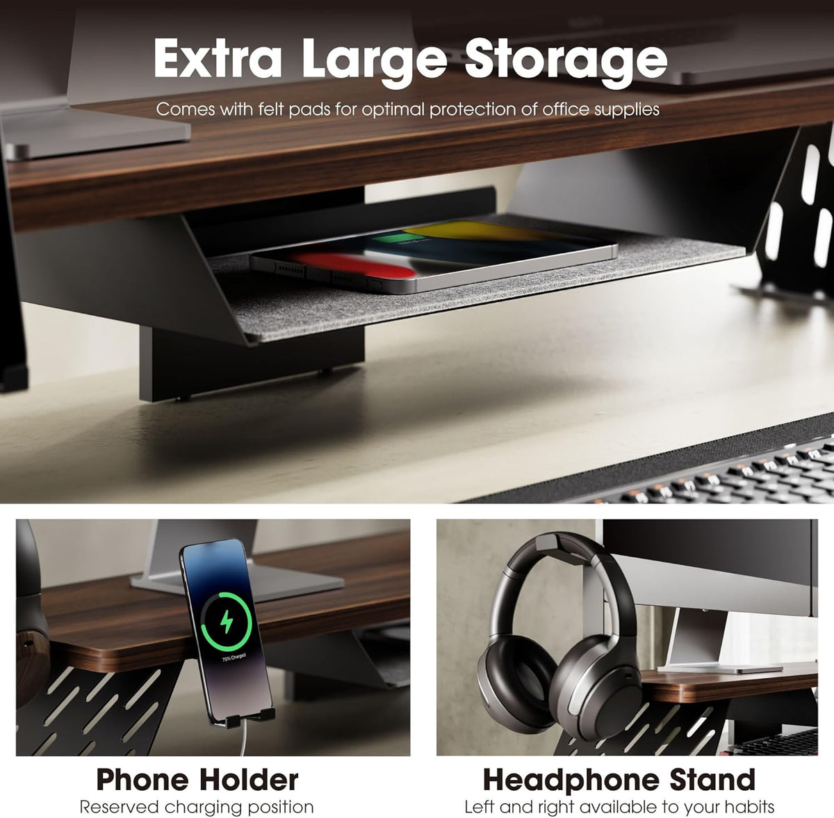Fenge Dual Monitor Stand, 42.5 Inch Monitor Riser for Desk, Wood Desk Shelf for 2 Monitors, 2 Tier Monitor Shelf with Headphone Stand & Phone Holder