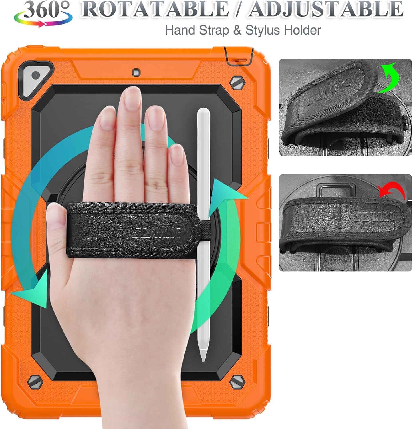 SEYMAC stock Case for iPad Air 3 2019 / Pro 10.5'' with Screen Protector Pen Holder [360° Rotate Hand Strap/Stand], Drop-Proof Case (Black+Orange)