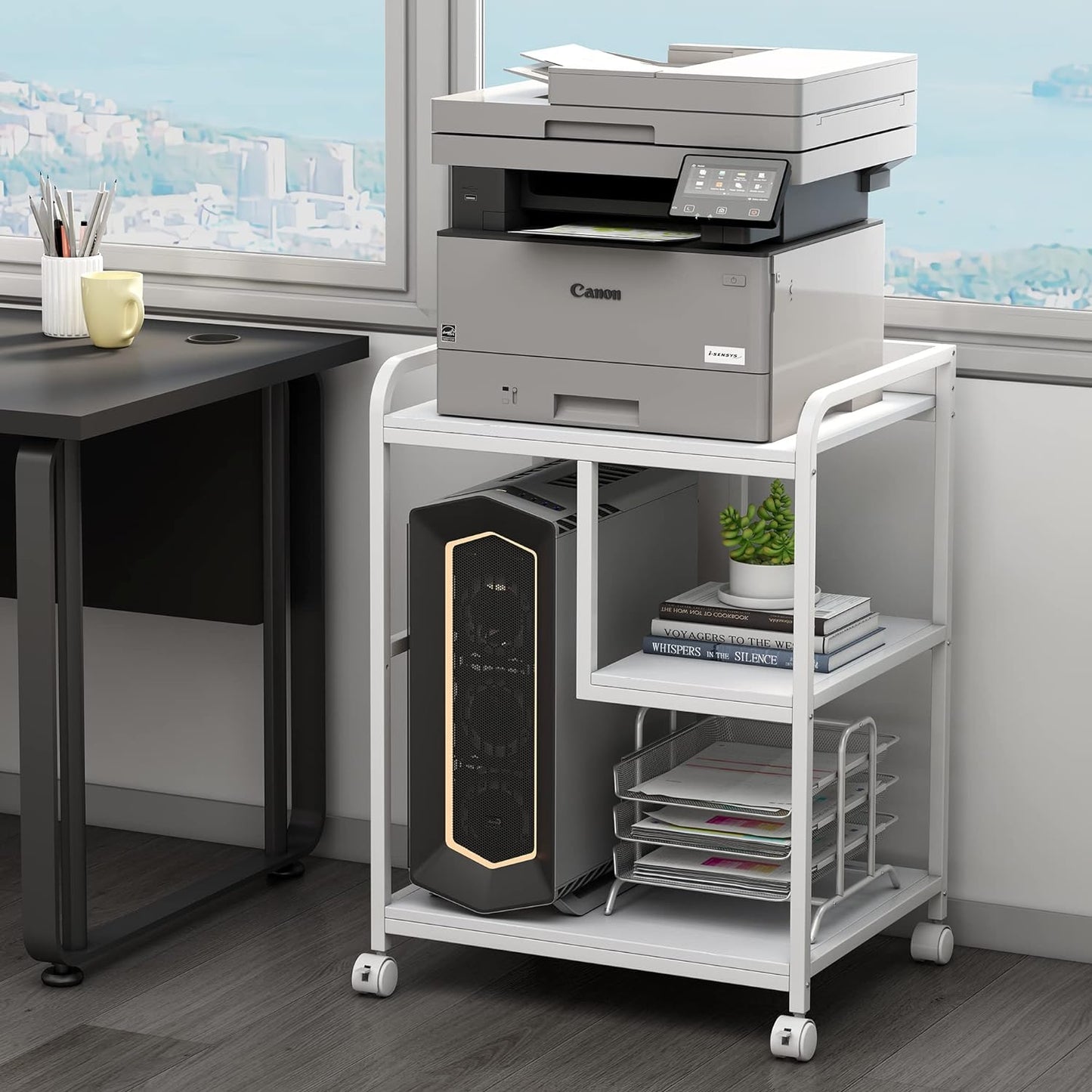 Large Printer Stand Table with Storage Shelf for Host Computer, PC Tower, CPU and Shredder, 3 Tier Rolling Printer Cart with Wheels for Home Office Storage and Organization - White