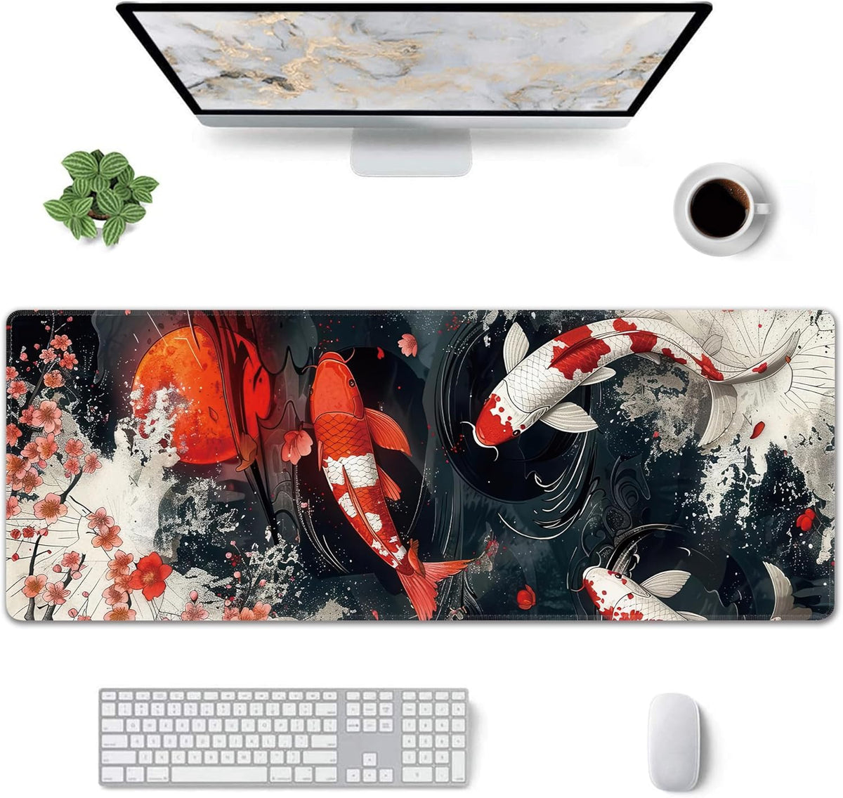 Koi Fish Large Mouse Pad,Gaming Keyboard Desk Pad,Extended Mouse Mat Non-Slip Rubber Base with Stitched Edges for Office Game Home XL 31.5"x11.8"